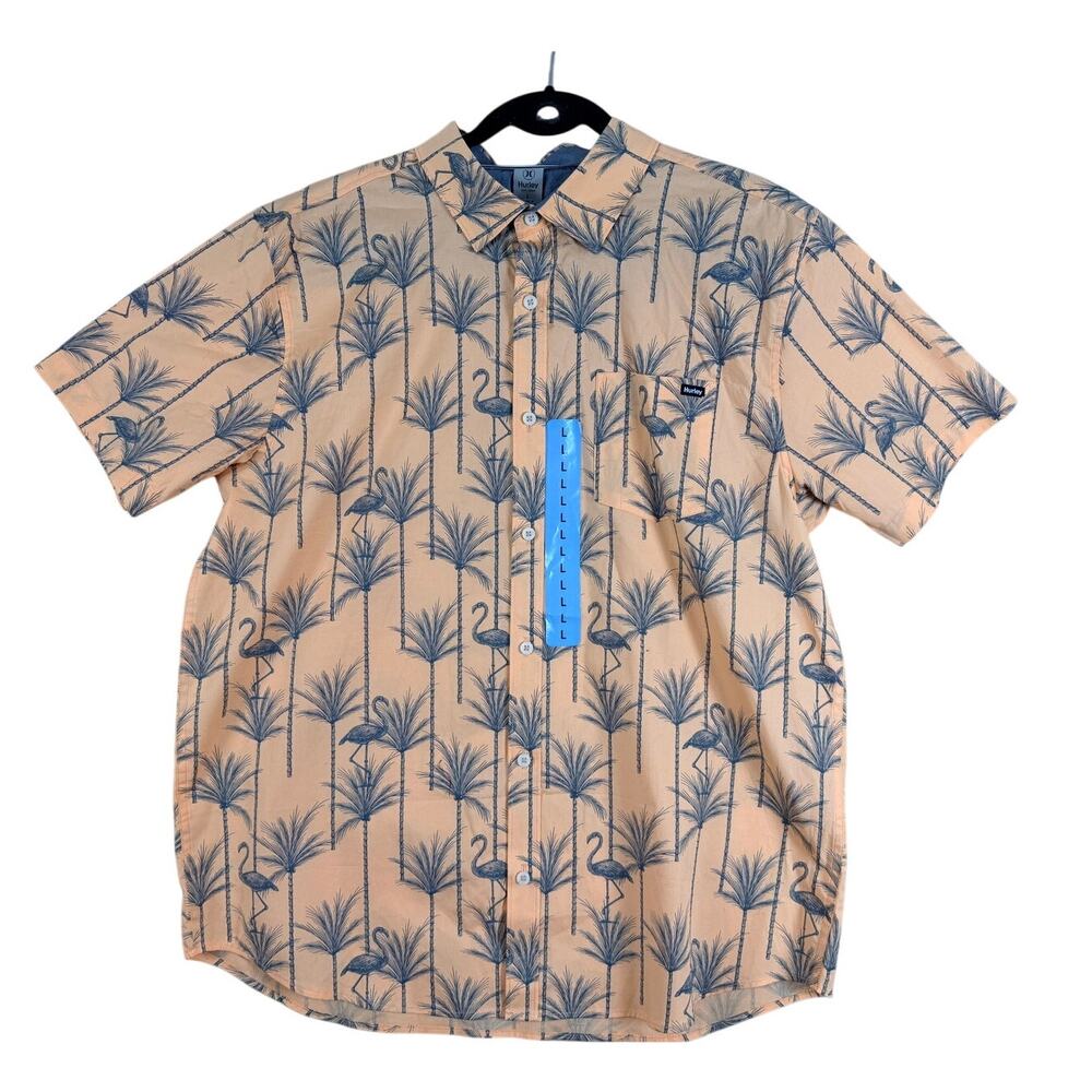 NWT Hurley Flamingo Palm Tree Shirt Mens Large Peach Tropical Button Up
